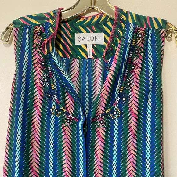 Saloni silk dress vibrant multicolor floral stripe US 4 tropical  vacation - Picture 2 of 6